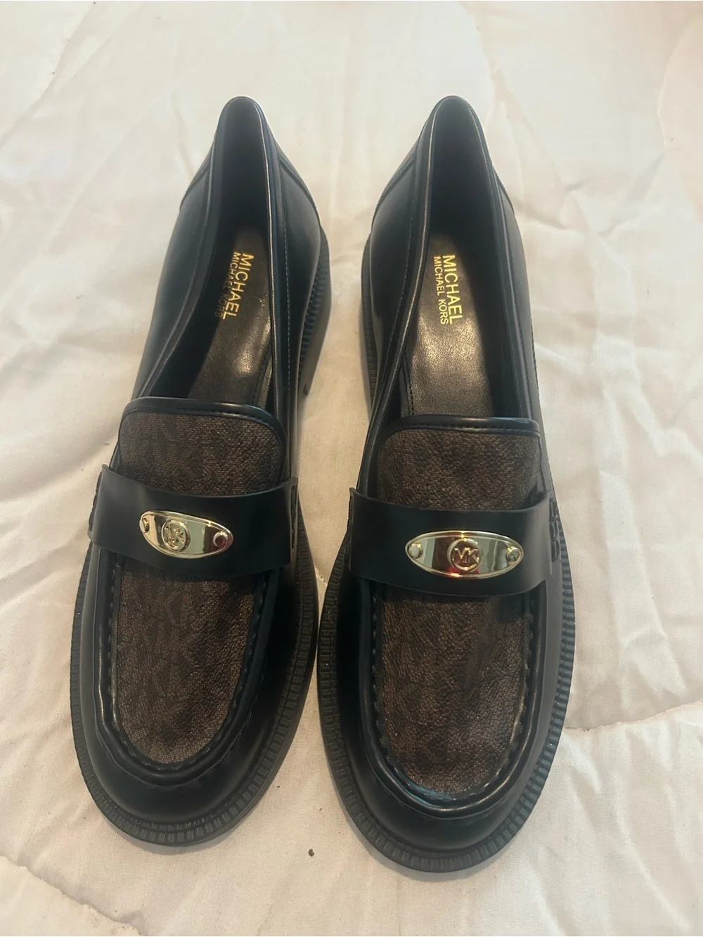 Michael Kors Black Leather Loafers with Brown Logo Vamp and Gold Accent
